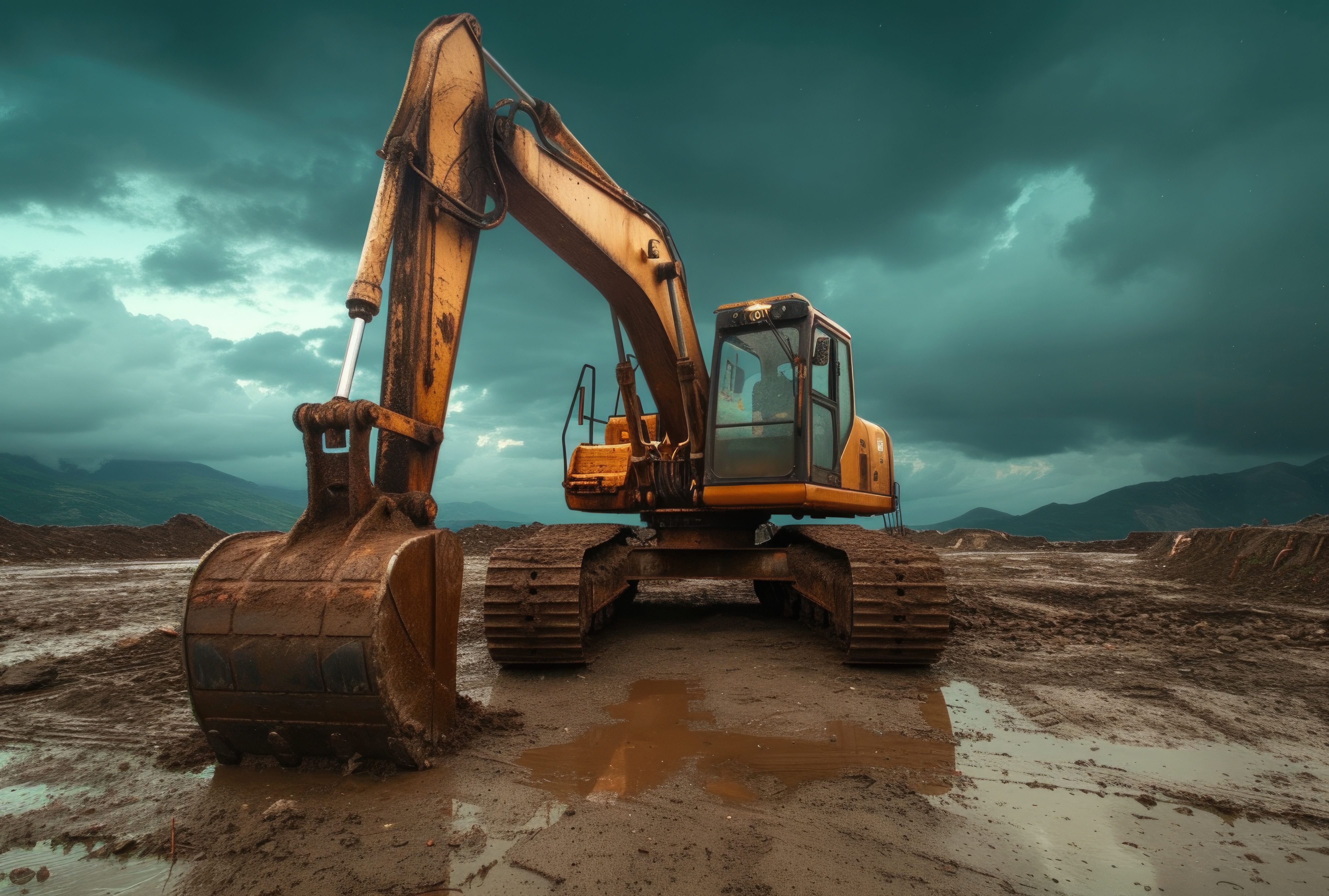 Large yellow excavator on a muddy construction site under a dramatic storm-clouded sky.